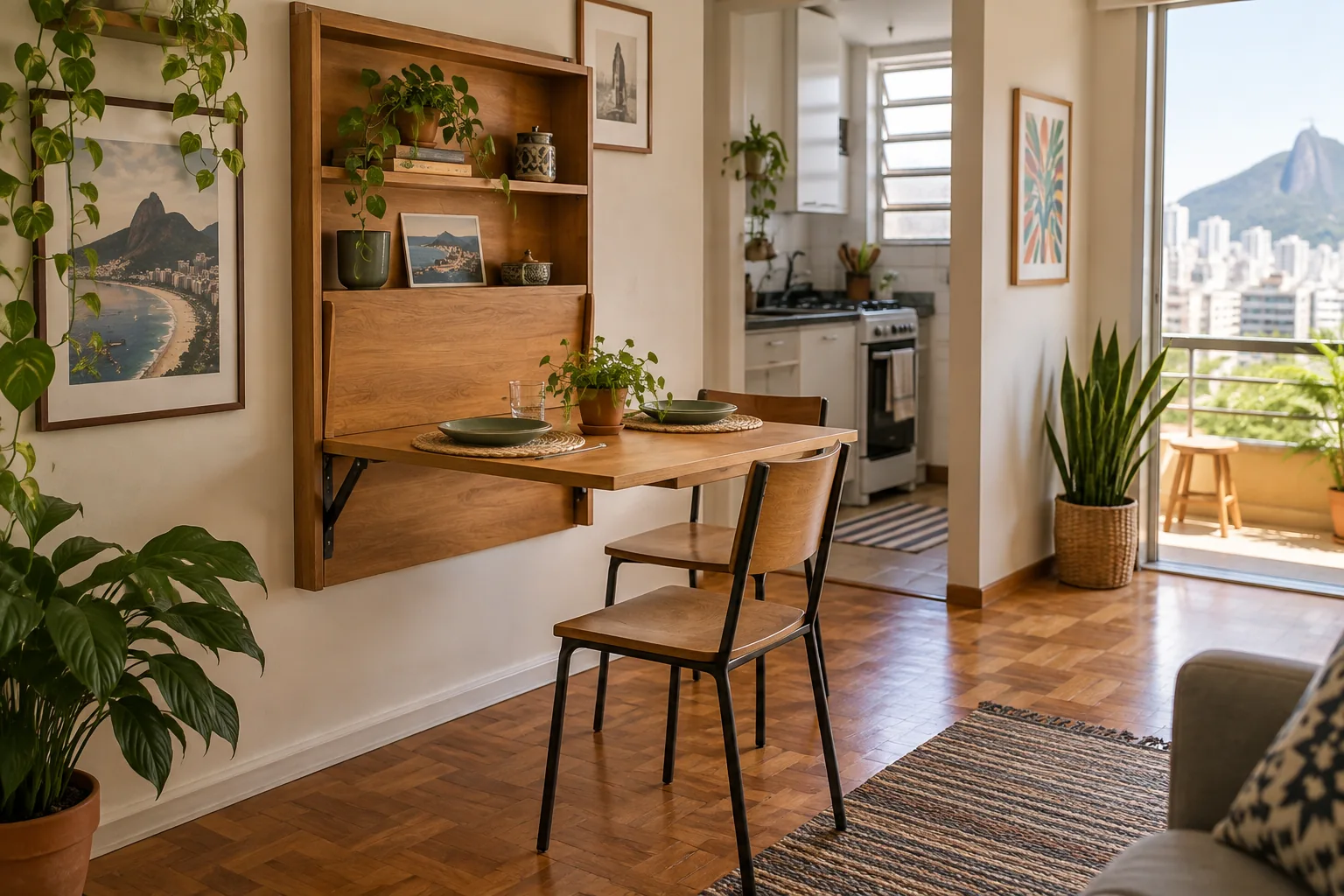 Ilustração de uma mesa dobrável aberta em um apartamento compacto