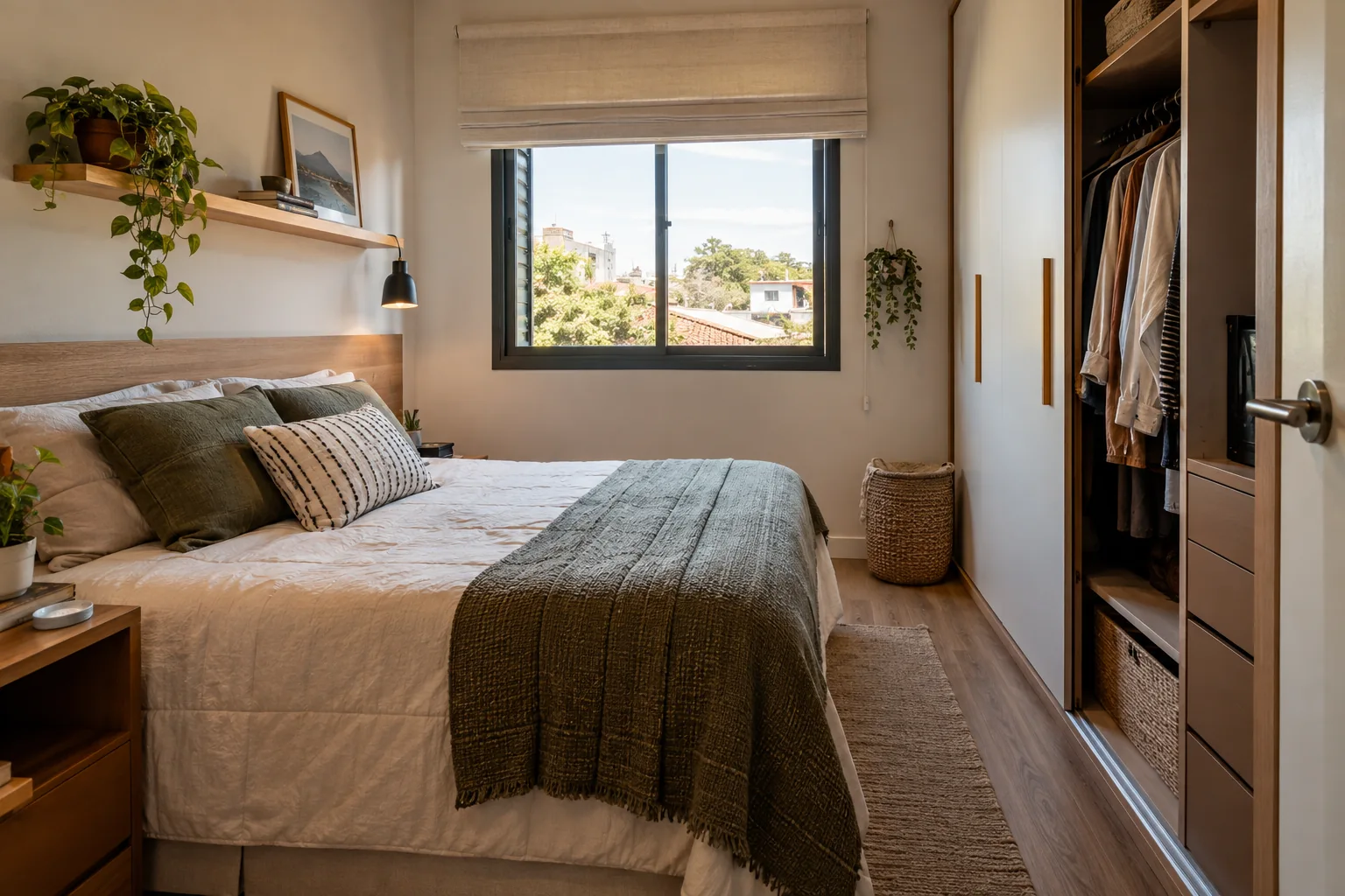 Ilustração de um quarto compacto com trajeto livre entre cama e armário
